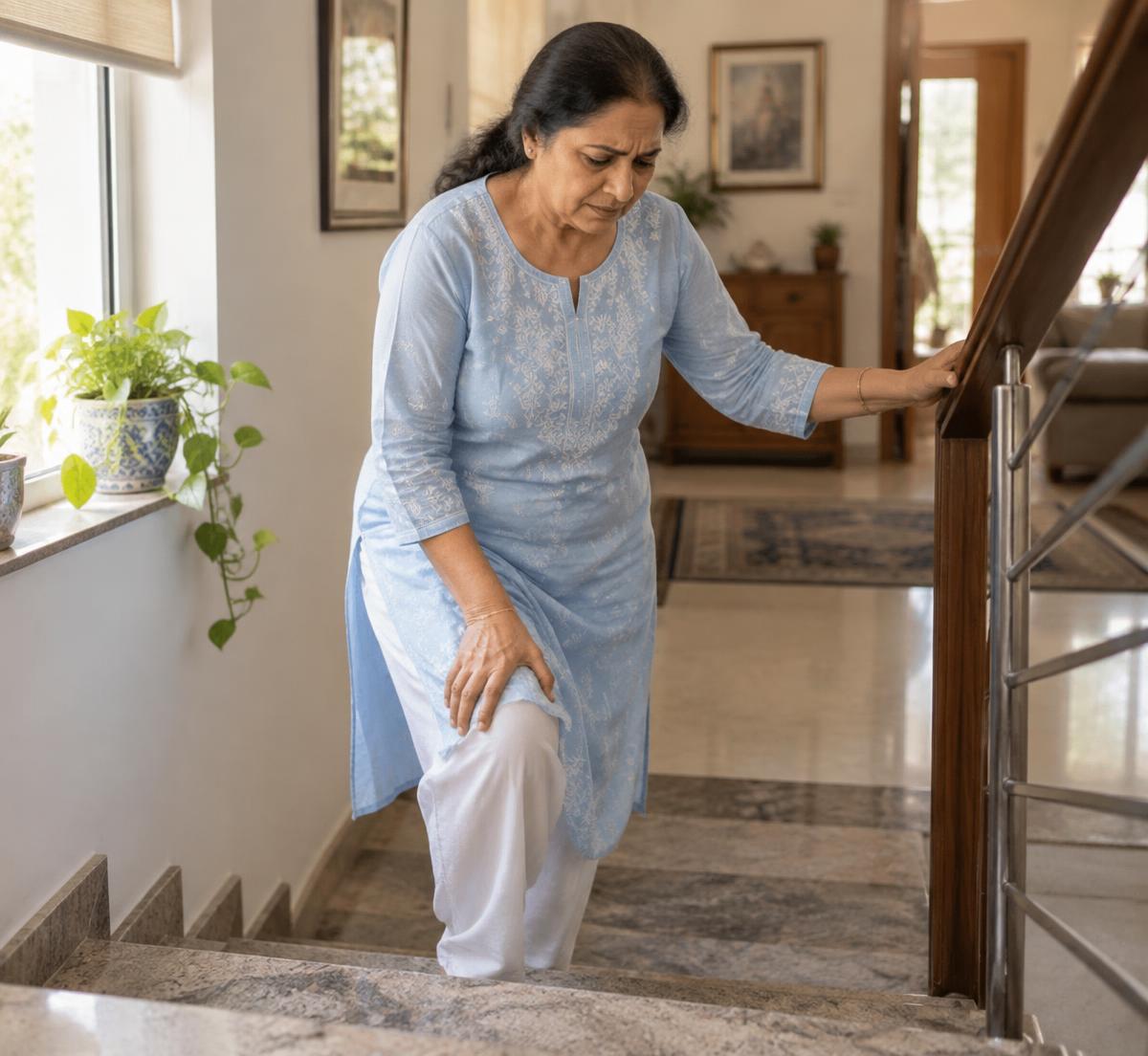 Older woman experiencing knee discomfort while climbing stairs at home