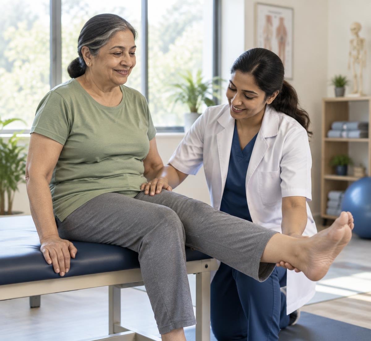 Clinician guiding an older woman through a gentle knee movement