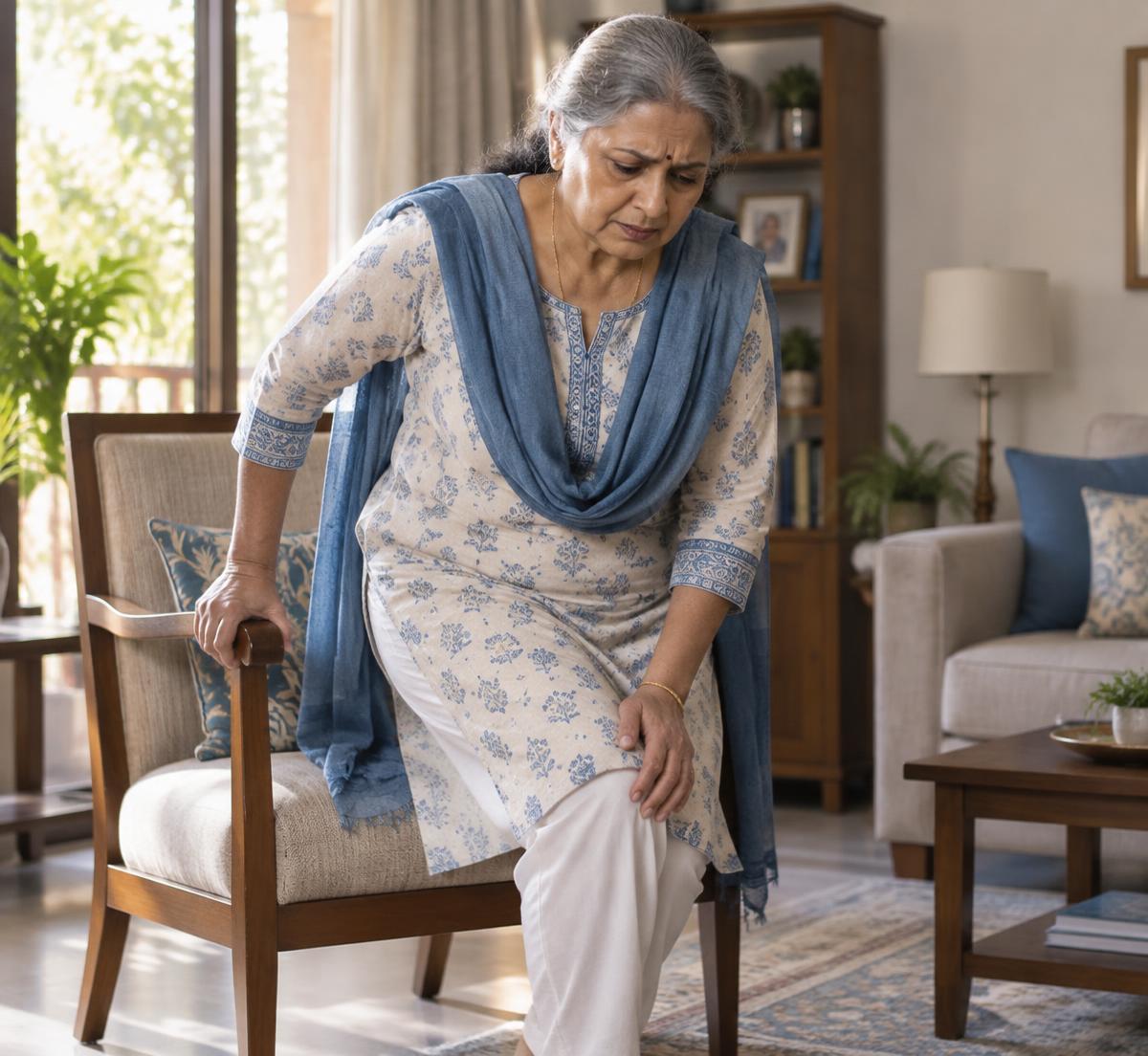 Older woman carefully rising from a chair with knee stiffness