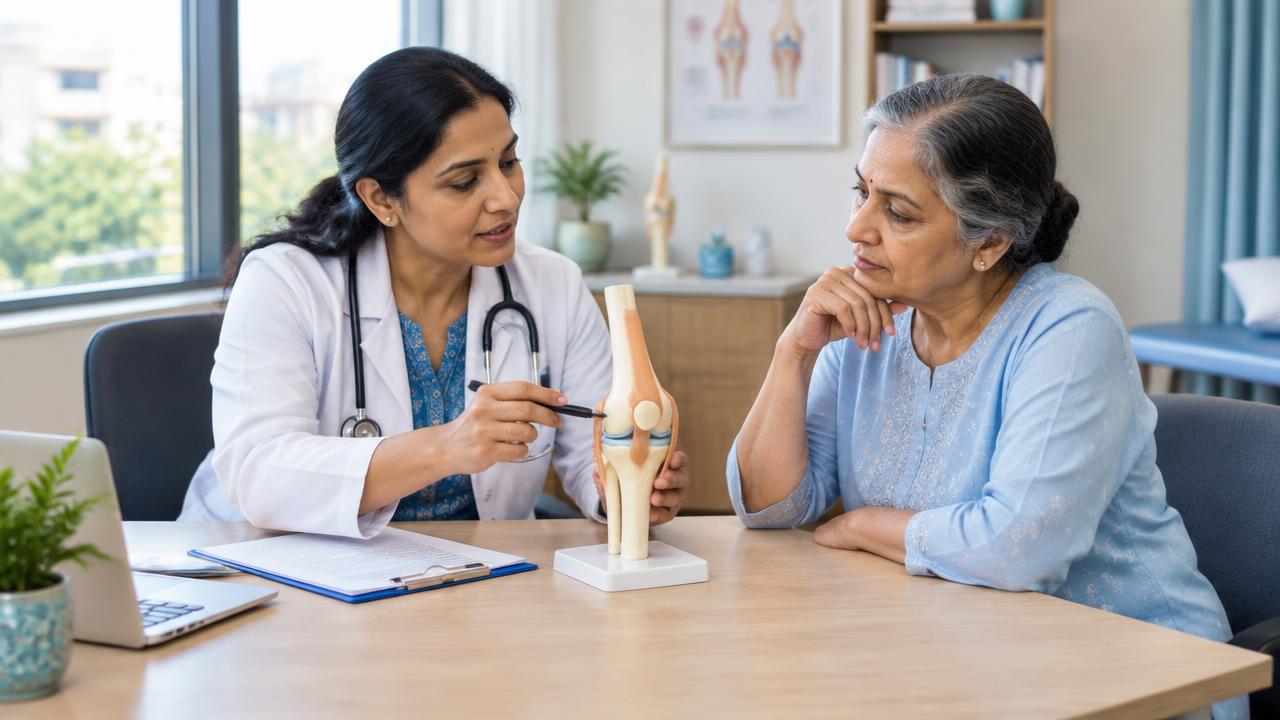 Doctor explaining a knee model to an older woman