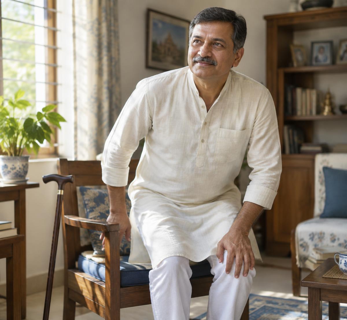 Older man rising from a chair with one hand on his knee